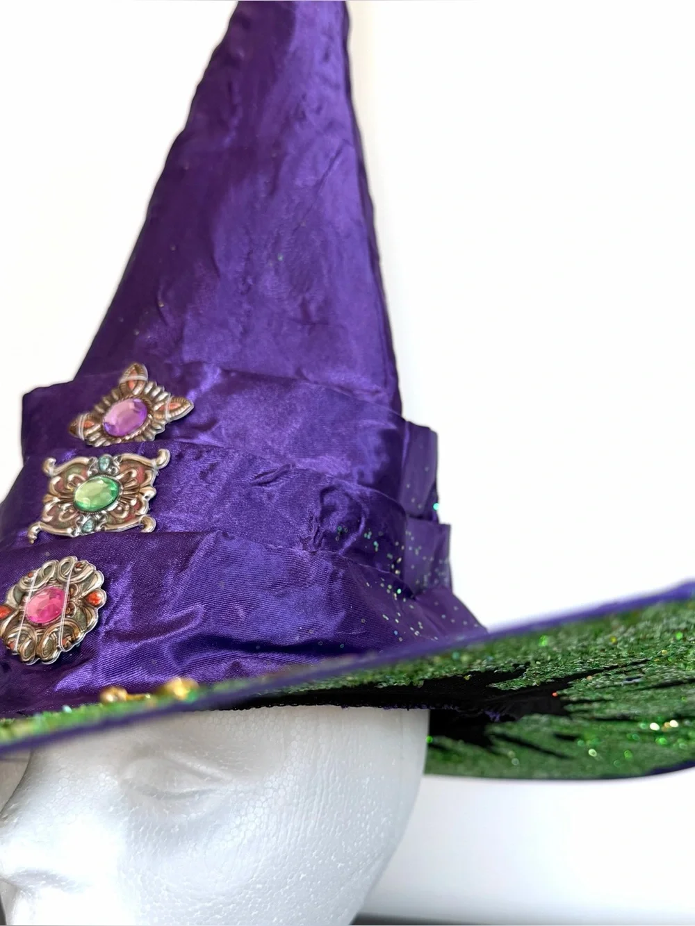 Witch Hat – wizard hat -Halloween -purple satin with Green glitter & jewels OS